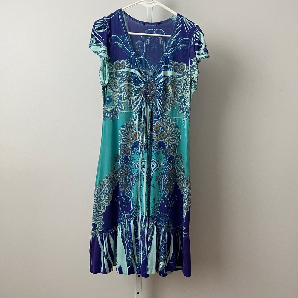Y2k Bling Boho Beachy Paisley Embellished V-Neck Ruffle Hem Dress Blue Teal